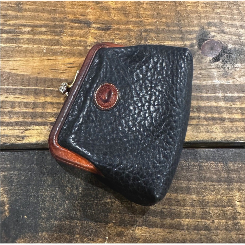 Dooney & Bourke Coin Purse Black Brown Vintage All Weather Leather Kiss Lock